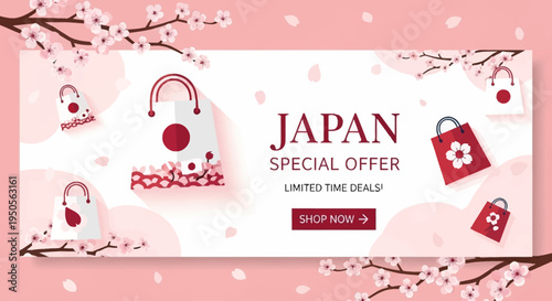 Japan Special Offer Banner with Sakura Blossoms and Shopping Bags