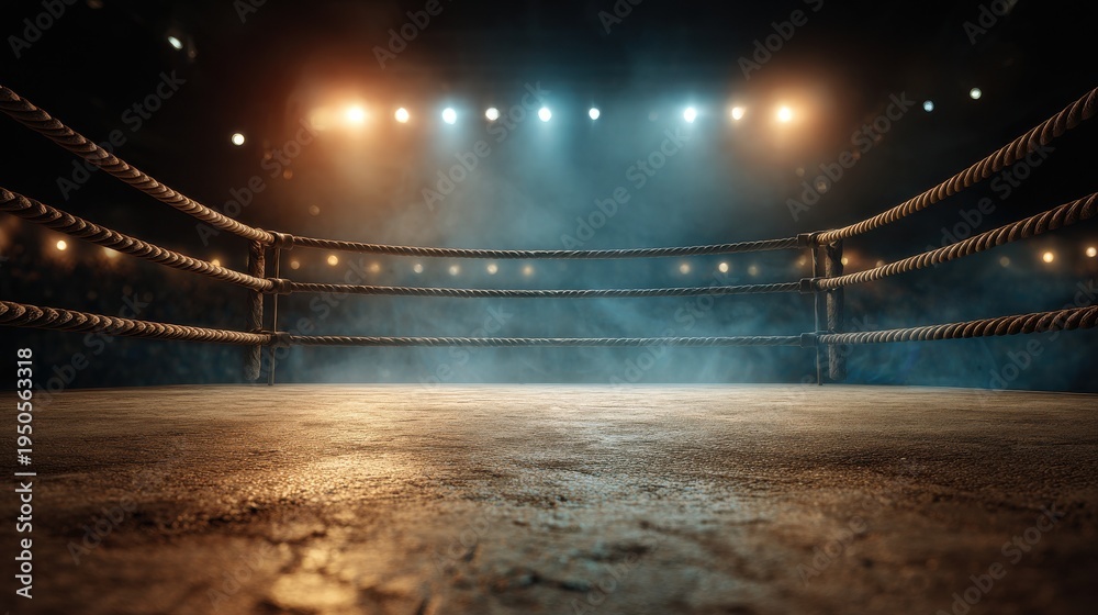 Fototapeta premium Empty boxing ring with ropes and dramatic stadium lighting