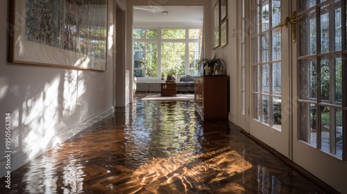 Flooded interior residential hallway with water covering the parquet flooring