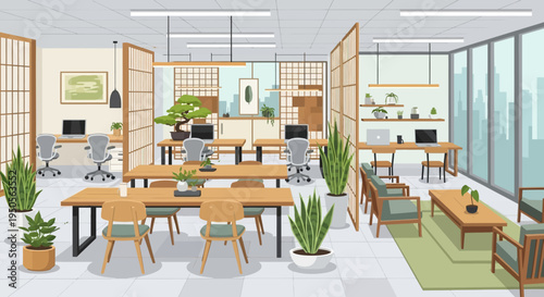 Modern Japanese-Inspired Office Interior with Natural Elements and Workstations