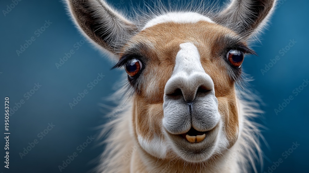 Naklejka premium Close-up portrait of a llama with expressive eyes and prominent teeth against a soft blue background, showcasing its unique facial features and fur texture
