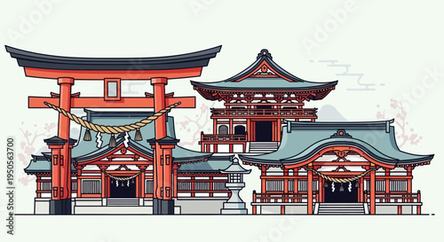 Pixel Art Japanese Shrine Complex with Torii Gate and Pagoda