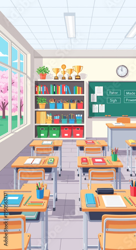 Bright Classroom Interior with Desks, Bookshelf, and Window View