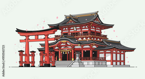 Pixel Art Japanese Shrine with Torii Gate and Cherry Blossoms