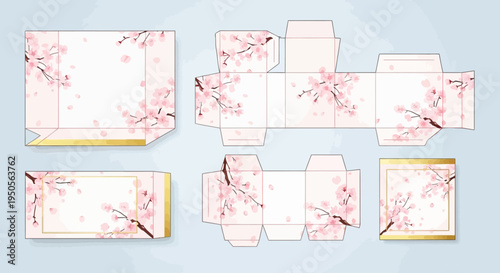 Cherry Blossom Packaging Design Template, Pink Floral Box Layout, Gold Border