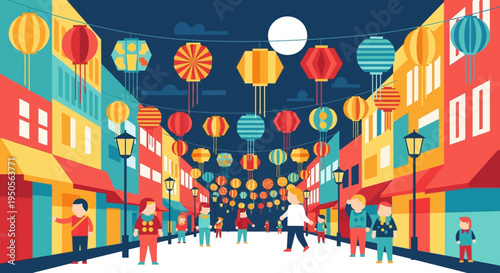 Colorful Street Festival with Lanterns and People