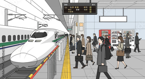 Commuters boarding high-speed train at busy Japanese station platform
