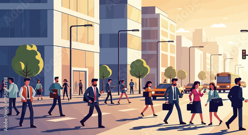 Diverse business people crossing city street at sunrise, urban commute concept