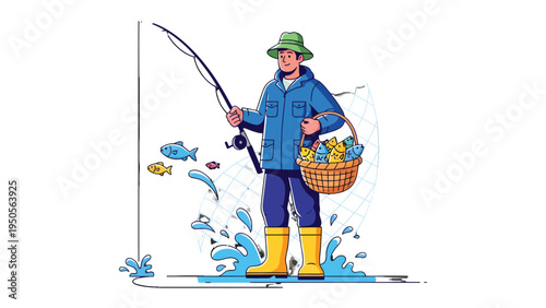 Angler's Prize Catch: A skilled angler, proudly displaying his day's bounty with his fishing rod, celebrates a successful day on the water. Capturing the essence of angling.