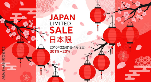 Japan Limited Sale Banner with Red Lanterns and Cherry Blossoms