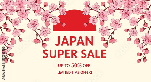 Japan Super Sale Banner with Cherry Blossoms and Japanese Sun Symbol