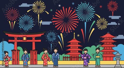 Japanese Festival Celebration with Fireworks and Traditional Attire