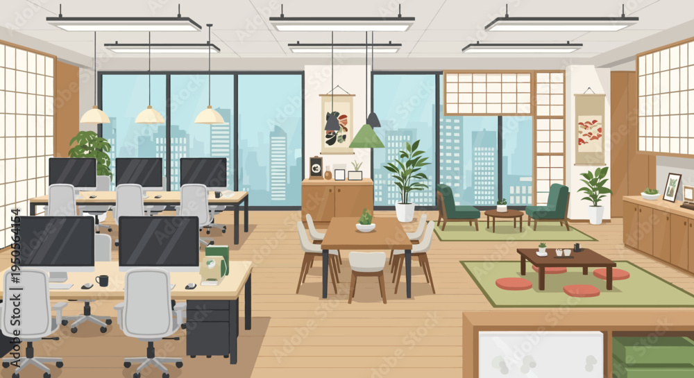 Obraz premium Modern Japanese Office Interior with Natural Light and City View