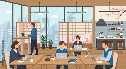 Modern office interior with people working on laptops at desks, Japanese-inspired design