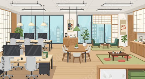 Modern Japanese Office Interior with Natural Light and City View