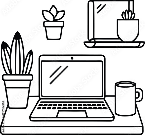 A minimalist black and white line art illustration of a cozy home office workspace desk setup