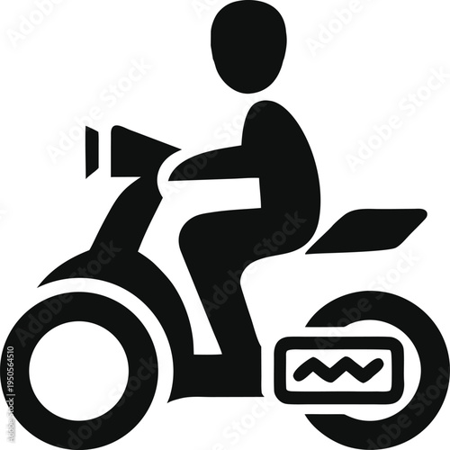 A minimalist black icon depicting a person riding a motor scooter in a simple graphic design style