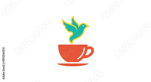 This creative minimal logo features a vibrant teal bird emerging from a warm orange coffee cup. Perfect for cozy cafes or artisanal coffee brands, this flat vector design on a white background.