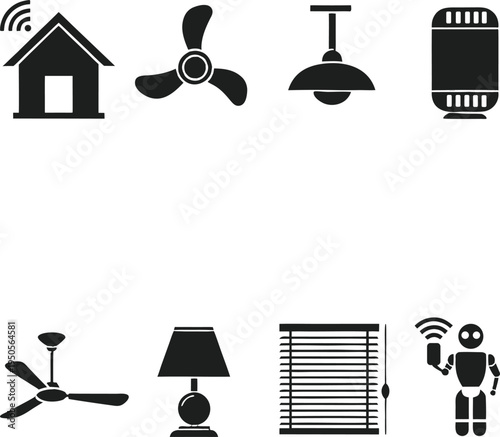 A collection of black silhouette icons representing modern smart home devices and appliances set
