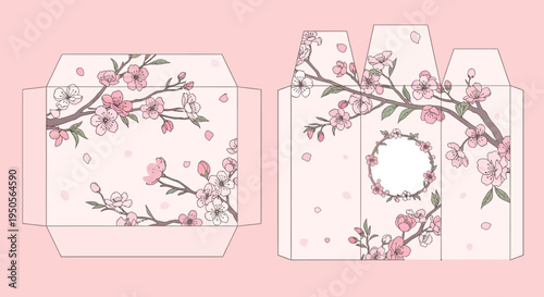 Cherry Blossom Gift Box Template Design with Pink Floral Accents