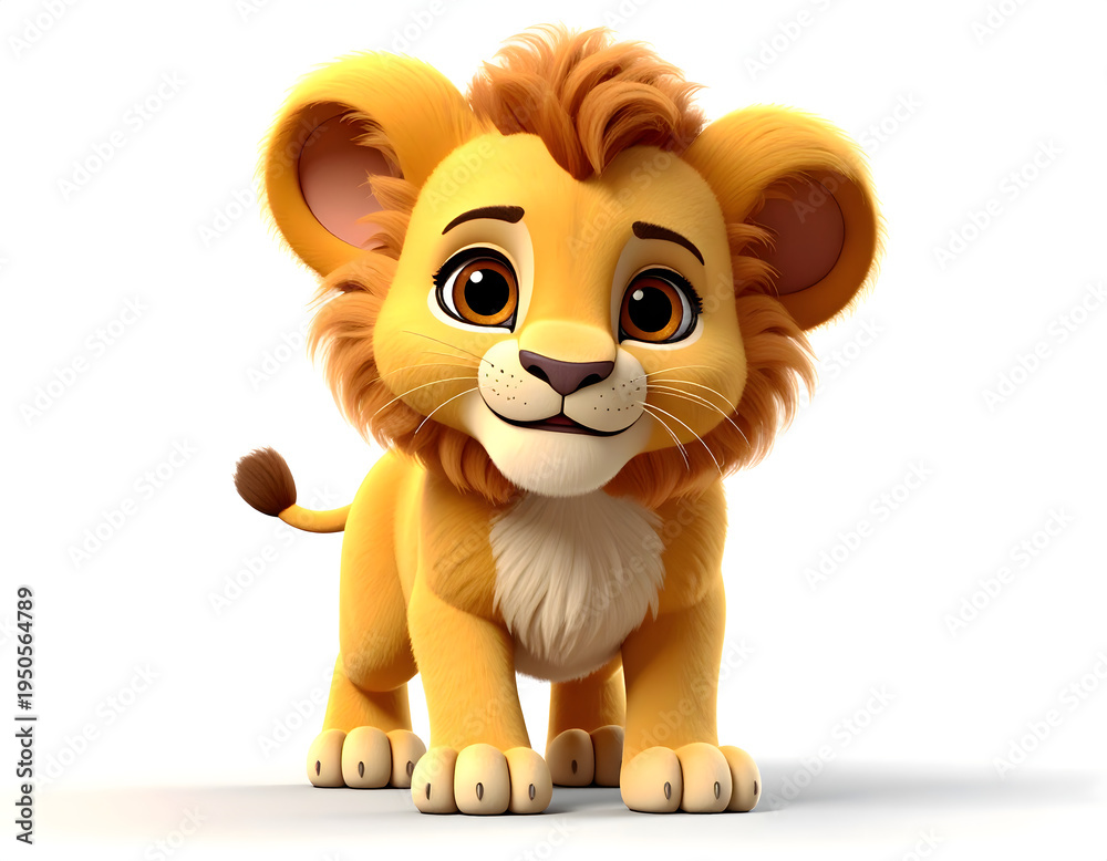Fototapeta premium Cute baby lion cub with fluffy mane looking at camera