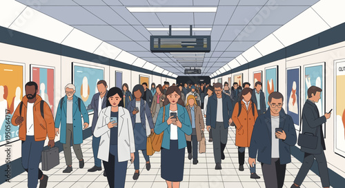 Crowded Subway Station with Diverse Commuters Using Smartphones