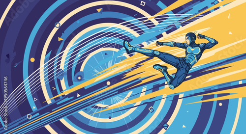 Dynamic Superhero Kicking Action with Abstract Geometric Background