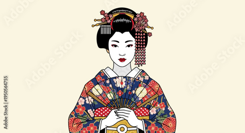 Elegant Japanese Geisha in Traditional Kimono with Fan, Artistic Illustration