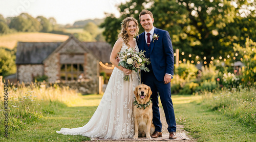 Bride and groom stand on a grassy path beside a rustic barn with rolling fields. A golden retriever wearing a floral collar sits at their feet during warm evening light.