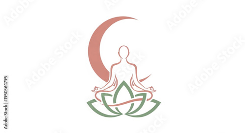 A minimalist, serene logo design featuring a stylized silhouette of a person in a meditative yoga pose. The figure is gracefully seated upon a lotus flower, framed by a gentle crescent moon.
