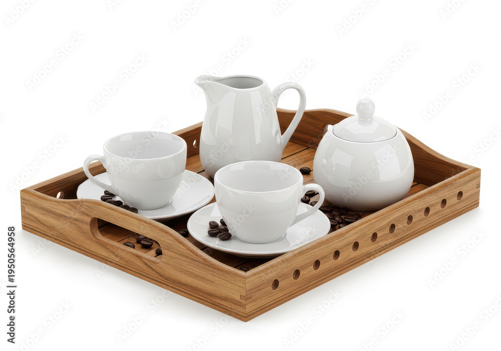 Fototapeta premium Elegant set of white ceramic cups and saucers arranged on a woven tray isolated on transparent background