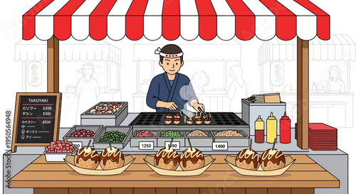 Japanese street food vendor selling takoyaki from a stall