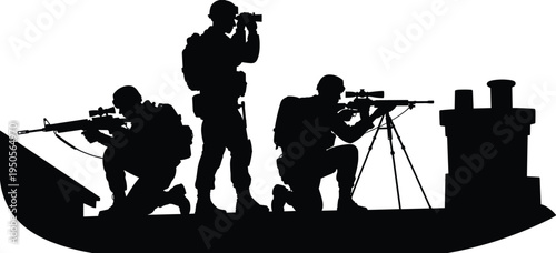 Armed soldiers rooftop silhouette, military men tactical positions, sniper rifle tripod, binoculars surveillance, defense illustration, combat scene, war concept, battle action