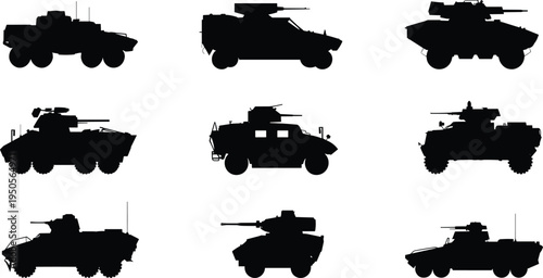 Armored military vehicles silhouettes, combat support illustration, tactical defense transport, reconnaissance vehicle silhouettes, wheeled armored fleet, military grid comparison, defense vehicles