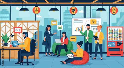 Modern office space with diverse team collaborating and working on laptops