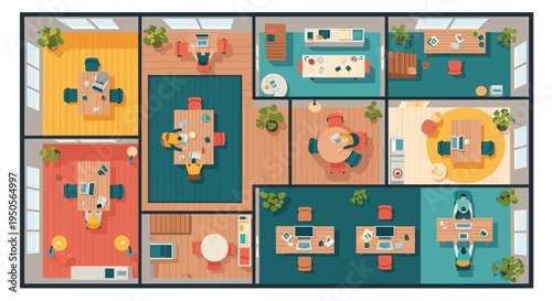 Modern Office Layout Top View, Diverse Workspaces, Collaboration and Individual Focus