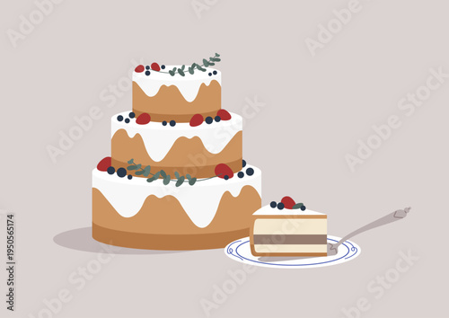 Savor the joy of a beautifully crafted layered cake adorned with fresh berries and delicate greenery, accompanied by a tempting slice on a charming plate, ideal for a festive gathering.