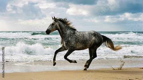 dappled gray horse galloping on a sandy beach by the ocean. cloudy sky and breaking waves create a dramatic atmosphere.