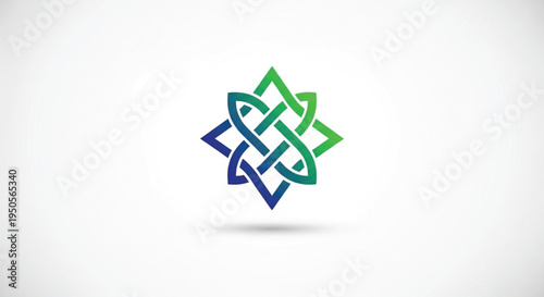 An elegant, modern geometric logo design featuring an intricate star-like knot symbol. The interwoven pattern transitions smoothly from blue to green, representing connectivity, harmony, infinity.