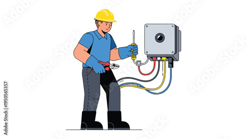 Electrician at Work: A skilled electrician in a yellow hard hat carefully works on an electrical panel. the image captures the precision and expertise essential for this critical job.