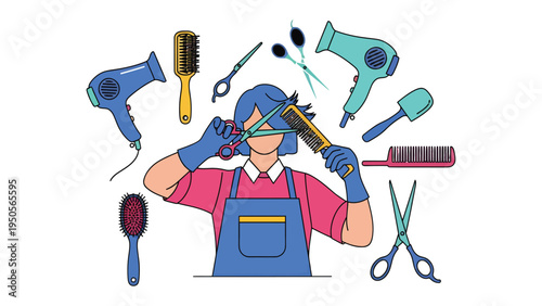 Hair Stylist at Work: A stylist meticulously trims hair with precision, surrounded by essential tools, reflecting dedication and artistry in the craft.