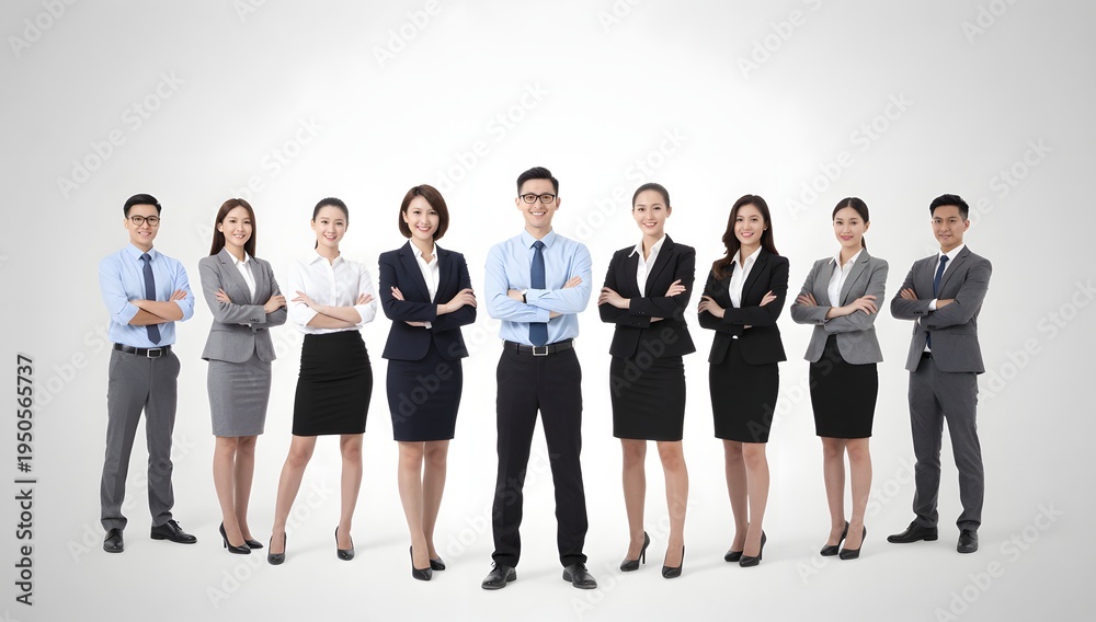 Obraz premium Group of young asian entrepreneurs standing in a row with arms crossed looking at the camera