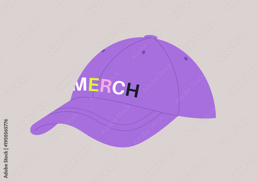 Fototapeta premium This stylish purple cap features bright letters that spell MERCH, making it a fun accessory for casual outings or relaxed daily wear, Ideal for expressing personal style.