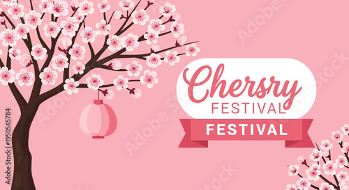 Cherry Blossom Festival Banner with Japanese Lantern and Pink Background