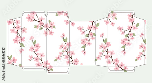 Cherry Blossom Paper Box Template Design with Pink Flowers and Green Leaves