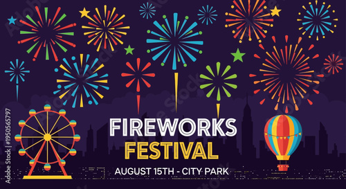Colorful Fireworks Festival Celebration with Ferris Wheel and Hot Air Balloon
