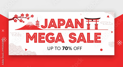 Japan Mega Sale Banner: Mount Fuji, Torii Gate, Cherry Blossoms, Up to 70% Off
