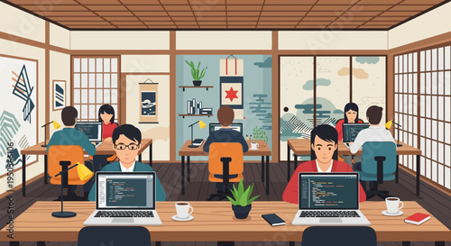 Japanese Office Interior: Diverse Team Collaborating in Modern Workspace