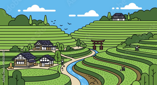 Japanese Rice Terraces Village with Torii Gate and River - Traditional Landscape