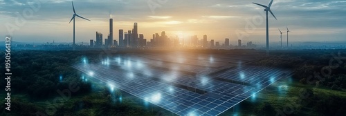 Futuristic cityscape with solar solutions and green pathways for a sustainable future.